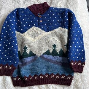 Women's Blue Scenic Zip-Up Sweater with Mountain Motif